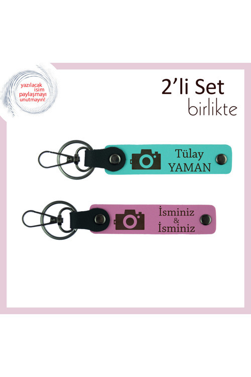 Deklanşör Aşıkları İçin Hediye, Kamera Temalı, Kişisel 2’Li Anahtarlık Seti, Turkuaz-Pembe