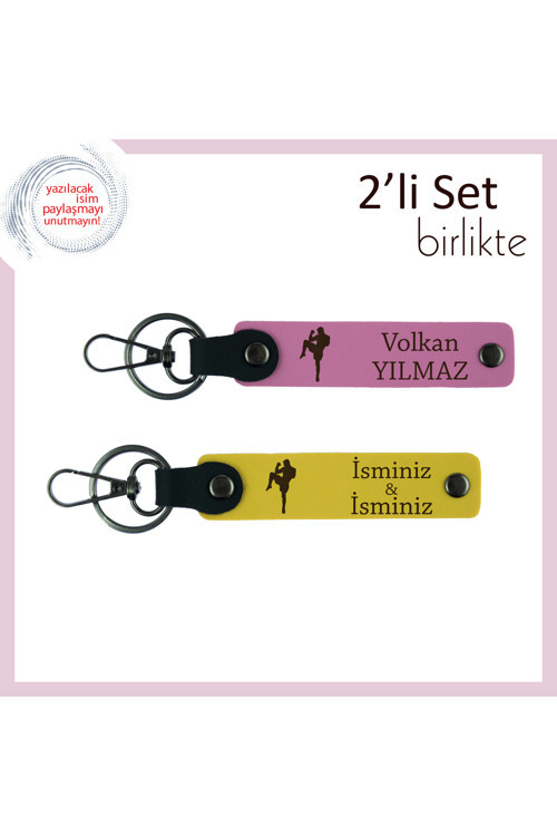 Kız Kardeşe Tekvando Desenli Cesaret Hediyesi, Kalıcı Deri Anahtarlık Seti, Pembe-Sarı