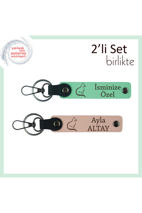 Patileriyle Mutluluk Getiren Hediye, Kedili, Kişisel Yazılı Anahtarlık, Açık Yeşil-Yavru Ağzı