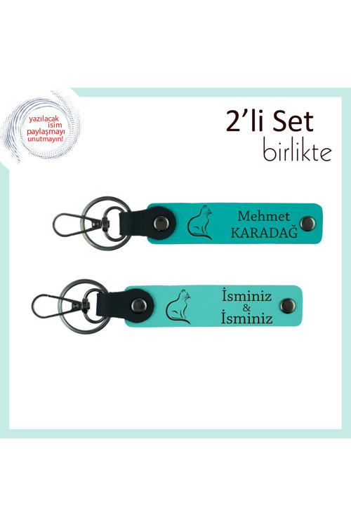 Minnoş Kalplerin Kombini, Kedi Temalı, Kişisel Yazılı Deri Anahtarlık, Koyu Turkuaz-Turkuaz