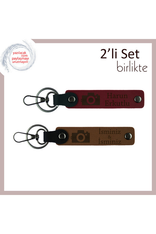 Arkadaşına Anı Dolu Sürpriz, Fotoğraf Makinesi Desenli Deri Anahtarlık, Bordo-Açık Kahve