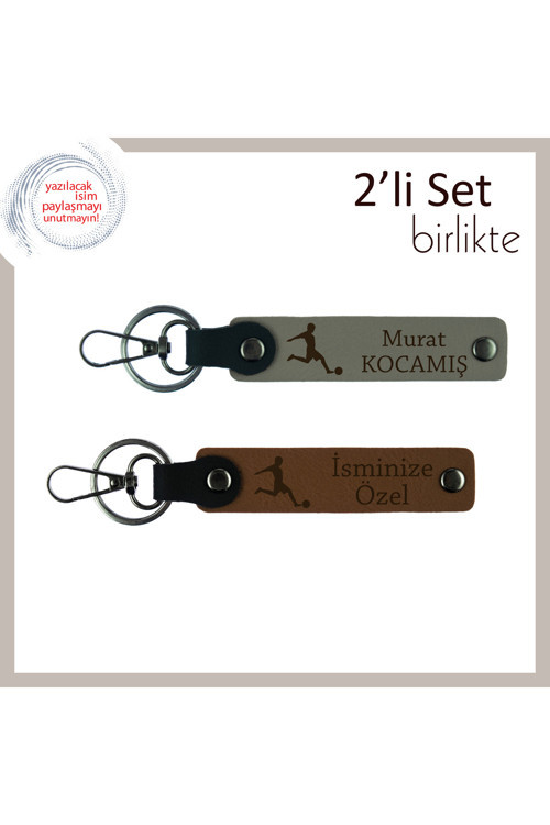 Erkek Sevgiliye Futbol Temalı Tarz Sahibi Anahtarlık, Kişisel Deri Set, Kül Gri-Açık Kahve