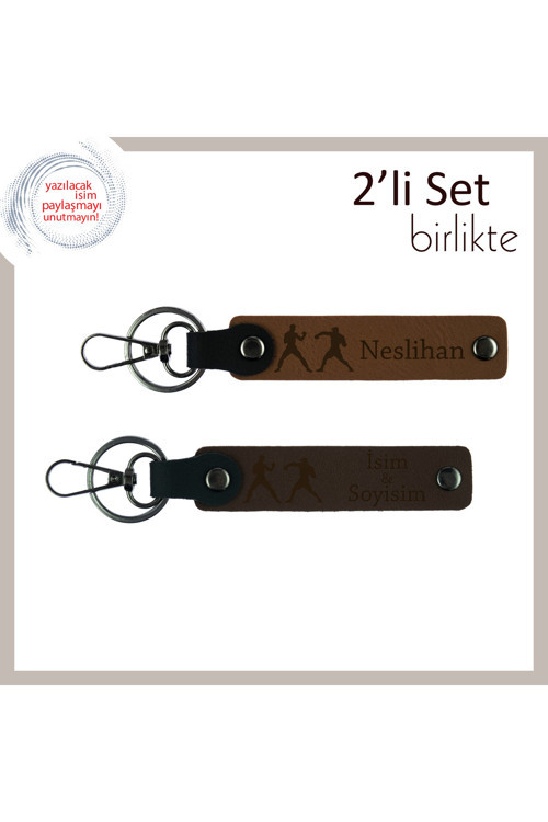 Boks Sever Sevgiliye Özel, Eldiven Motifli, Kişisel 2’Li Deri Anahtarlık Hediyesi, A Kahve-K Kahve