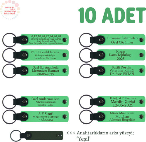 Hayır Davetinde Dağıtılmak Üzere, 10'Lu Set, İsme Özel Hediyelik Deri Anahtarlık, F Yeşil & Yeşil
