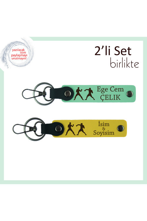 Boks Eldiveni Motifli, Kişiye Özel 2’Li Anahtarlık, Erkek Sporcuya Hediye Seçeneği, Açık Yeşil-Sarı