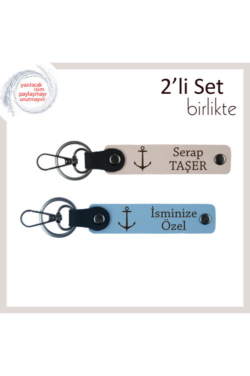 Denizci Olana Çok Anlamlı Hediye, Çapa Desenli İsme Özel Deri Anahtarlık Takımı, Pudra-Gök Mavi