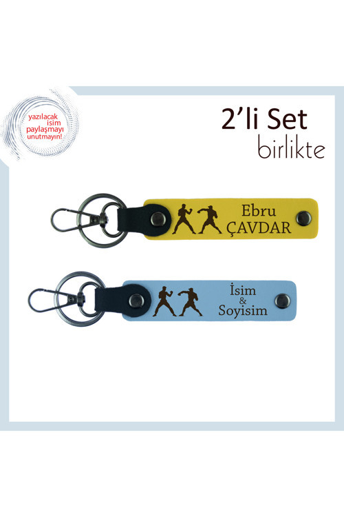 İnce Teknik Ve Kararlılıkla Dövüşenlere, İsme Özel 2’Li Deri Anahtarlık, Sarı-Gök Mavi