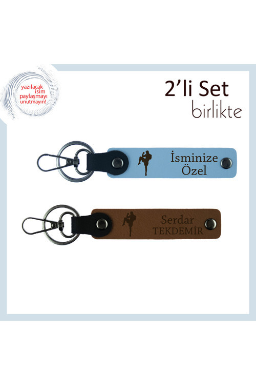 Erkek Sevgiliye Savunma Sporları Motifli Hediye, Kişisel İsim Yazılı Anahtarlık, Gök Mavi-Açık Kahve
