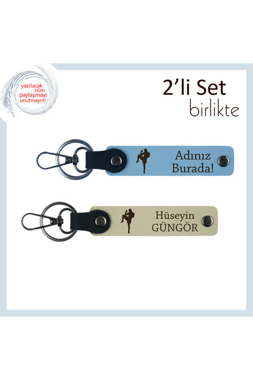 Erkek Kardeşe Sporcu Temalı Hediye, Kickboks Figürlü Kişisel İsimli Anahtarlık, Gök Mavi-Sütlü Kahve