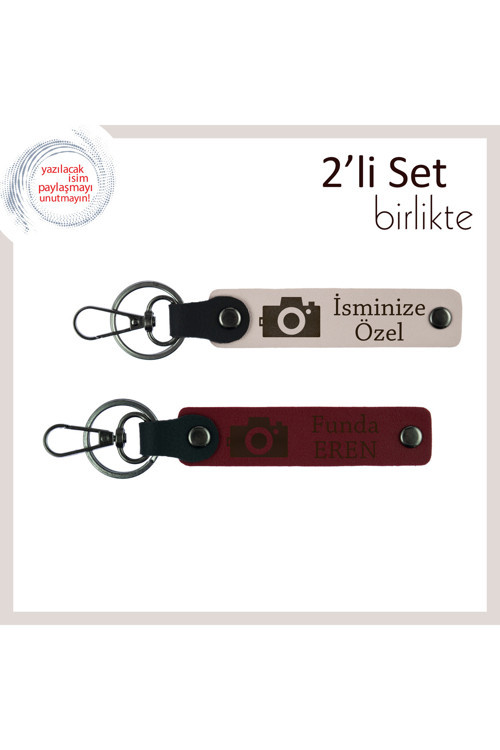 Sanatı Seven Sevgiliye, Kamera Desenli, Kişiselleştirilebilir İsim Yazılı Anahtarlık, Pudra-Bordo