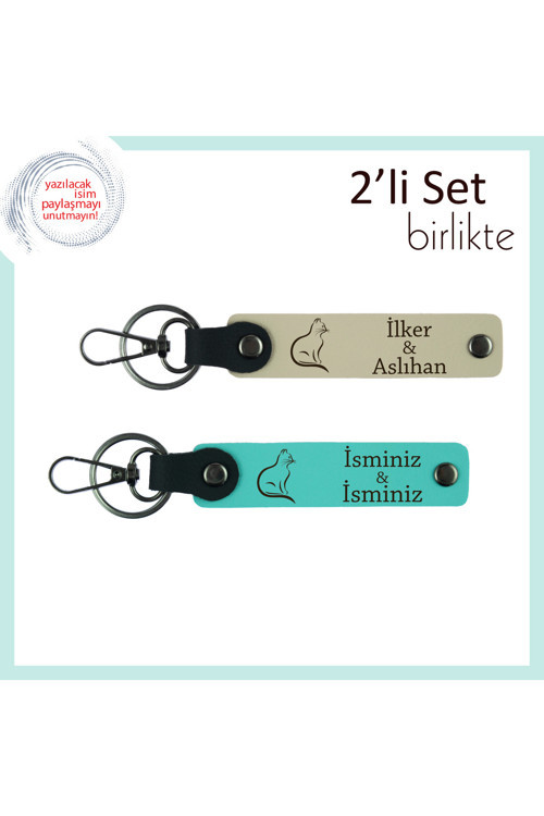 Minnoş Figürlerle Sevimli Hediyelik, Kedili, Kişisel Yazılı Anahtarlık, Sütlü Kahve-Turkuaz