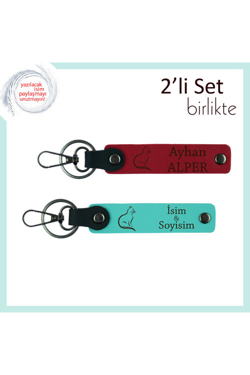 Patiye Duygusal Vefa, Kedi Figürlü, Kişisel Yazılı Anahtarlık Seti, Kırmızı-Turkuaz