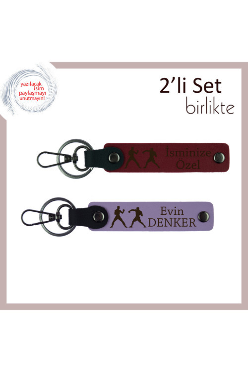 Boks Temalı, Dayanıklılığı Temsil Eden, İsme Özel 2’Li Anahtarlık Takımı, Bordo-Mor Menekşe