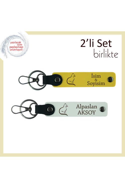 Patisiyle Kalbinde Yaşayanlara, Kedili, Kişisel Yazılı Deri Anahtarlık, Sarı-Beyaz