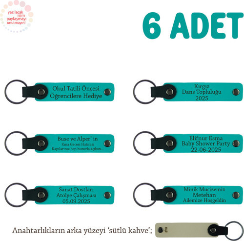 Evlilik Yıldönümü Hediyesi, İsme Özel, 6'Lı Hatıra Deri Anahtarlık Set, Koyu Turkuaz & Sütlü Kahve