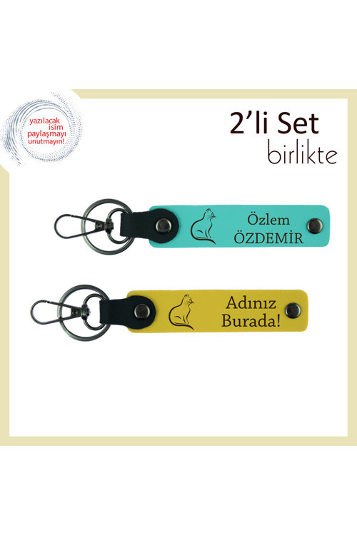 Kedili Kombinlerin Tamamlayıcısı, Tatlı Desen, Kişisel Anahtarlık Hediyesi, Turkuaz-Sarı