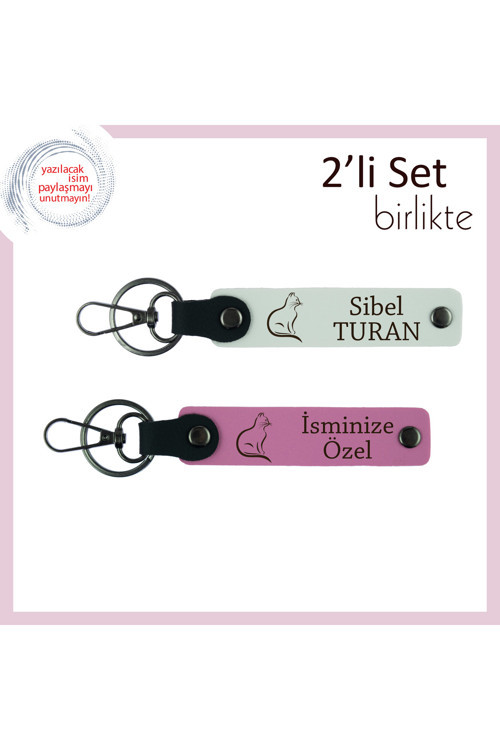 Mırlayan Enerjiyle Hazırlanmış, Kedili, Kişisel Yazılı Deri Anahtarlık, Beyaz-Pembe