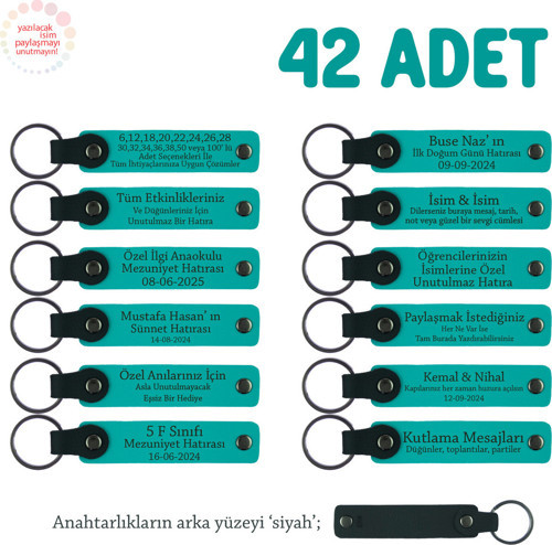 Akademik Proje Ekibine, 42'Li Set, Kişisel Mesaj Eklenebilen Deri Anahtarlık, Koyu Turkuaz & Siyah