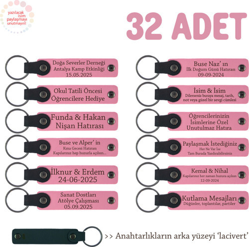 Pembe & Lacivert, Tüm Festivaller İçin 32'Li Set, Kişiye Özel Yazılı Deri Hediyelik Anahtarlık