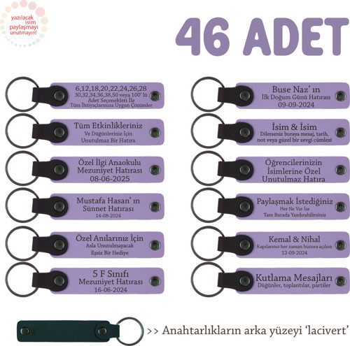 Rehberlik Öğretmeninden Hediye 46'Lı Set Kişiselleştirilebilir Deri Anahtarlık, Mor Menekşe & Laci