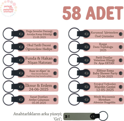Havayolu Sektörü İçin Özel Üretim Hediyelik İsim Yazılı Anahtarlık, 58' Li Set, Pudra & Gri