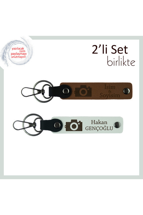 Anı Yakalamayı Sevenlere Fotoğraf Makinesi Desenli Hediye, İsimli Anahtarlık Seti, Açık Kahve-Beyaz