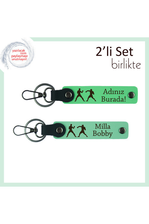 Yumruk Gibi Mesaj Veren Hediye, Dövüş Temalı, İsme Özel 2’Li Anahtarlık Set, Fıstık Yeşil-Açık Yeşil