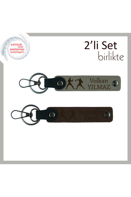 Yumruk Gücünü Yansıtan, Kişiye Özel Yazılı 2’Li Anahtarlık, Sporcuya Hediye, Kül Gri-Koyu Kahve