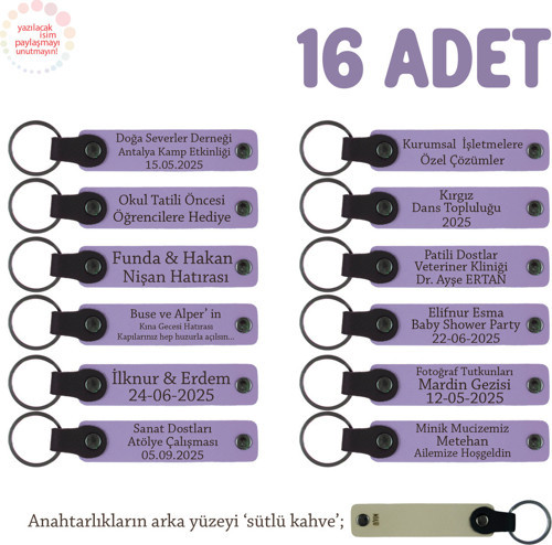 40 Uçurma Mevlüdü İçin Üzerine İsim Yazılabilen 16'Lı, Anı Anahtarlık Set, Mor Menekşe & Sütlü Kahve