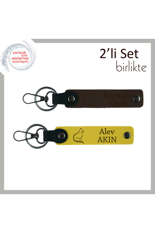 Evcil Dostunla Aynı Deseni Taşı, Kedi Figürlü, Kişisel Anahtarlık, Koyu Kahve-Sarı