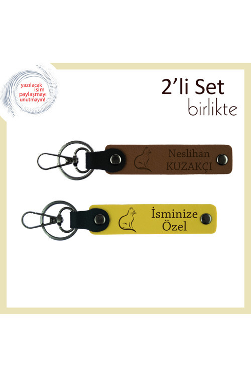 Tüylü Dostuna Saygı Hediyesi, Kedili Desenli, Kişisel Anahtarlık Seti, Açık Kahve-Sarı