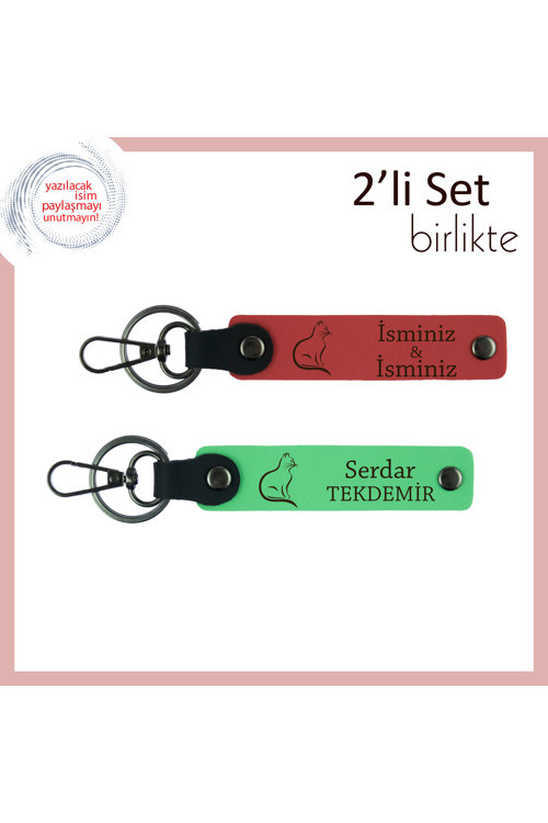 Minnoşlara Duygusal Anı, Kedili Temalı, Kişisel Yazılı Anahtarlık, Nar Çiçeği-Fıstık Yeşil