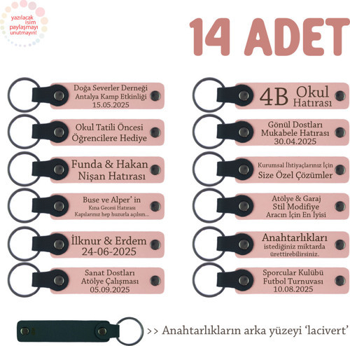 Saha Ekibine Teşekkür Hediyesi, 14'Lü Set, Personel İsimli Deri Anahtarlık, Pudra & Lacivert