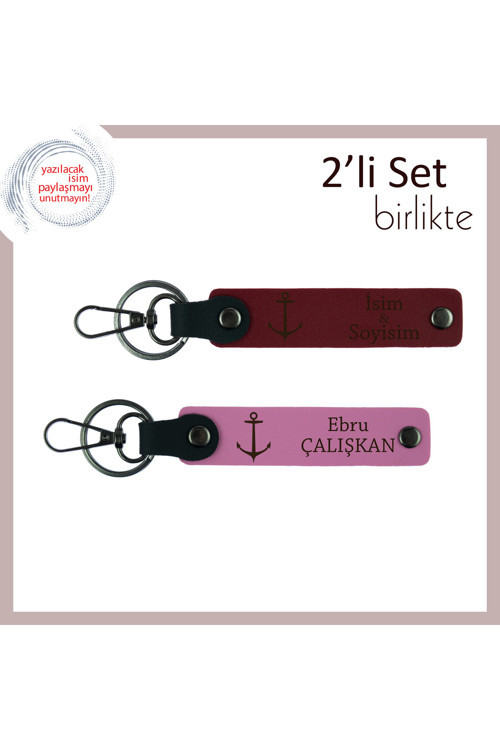 Çıpa Desenli Anahtarlık, Denizciler İçin İsme Özel 2’Li Hatıralık Deri Set, Bordo-Pembe
