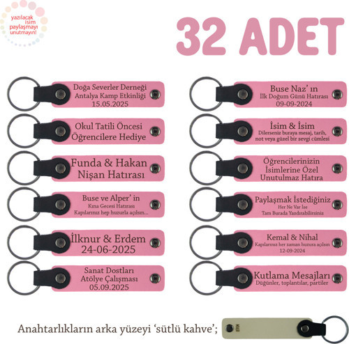 Pembe & S Kahve, Düğün Töreni Konuklarına, 32'Li Set, İsimli Anlamlı Hatıra Deri Anahtarlık Hediyesi