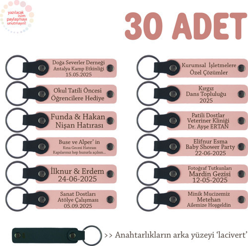 Kamp Ekibine Özel Üretim, 30'Lu Set, Kişisel İsim Yazılı Hediye Deri Anahtarlık, Pudra & Lacivert
