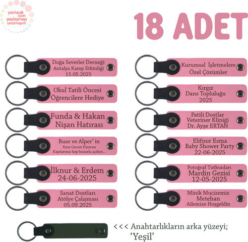 Pembe & Yeşil, Öğrencilerin Birlikte Paylaşabileceği, 18'Li Anahtarlık Set, İsme Özel Hatıra