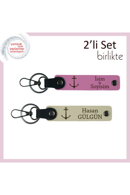 Denizle İç İçe Yaşayanlara Kalıcı Hatıralık, Çapa Figürlü Deri 2’Li Anahtarlık Seti, Pembe-S Kahve