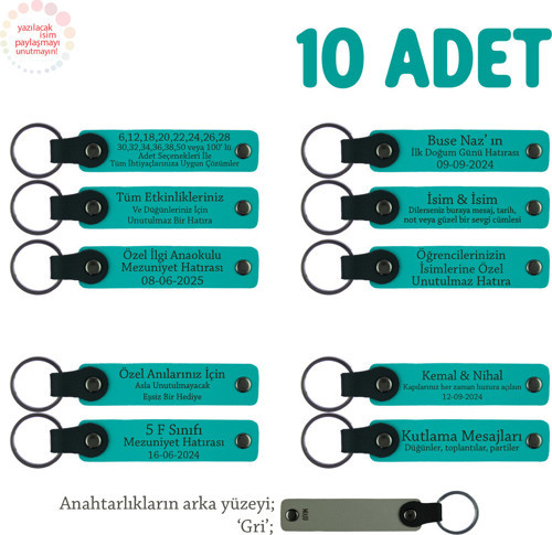 Öğretmenden Tüm Öğrencilerine Özel, 10'Lu Set, İsim Yazılı Hediye Anahtarlık, Koyu Turkuaz & Gri
