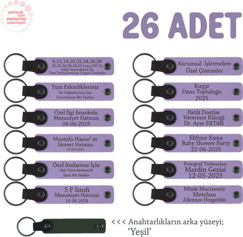 Doğum Yapan Anneye Hediye, İsmine Özel 26'Lı Hatıra Anahtarlık Seti, Mor Menekşe & Yeşil