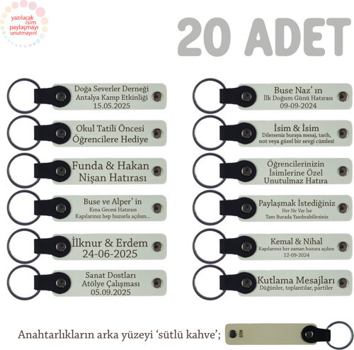 Sınıf Etkinliklerinde Dağıtılmak Üzere 20'Li Set Anahtarlık, Öğrenci İsmine Özel , Beyaz & S Kahve