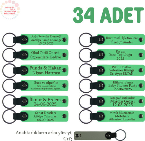 Okul Aile Birliğinden Kutlama Hediyesi, 34'Lü, Kişiselleştirilebilir Anahtarlık, Fıstık Yeşil & Gri