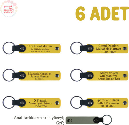 Sarı & Gri, Müzik Öğretmeninden Sınıfına Özel Hediye, 6’Lı Set, İsim Yazılabilir Deri Anahtarlık