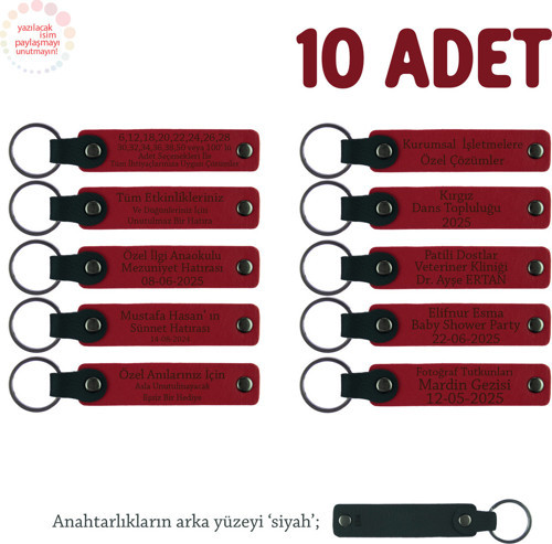 Yaratıcılık Atölyesi Mezunlarına Özel, 10'Lu Set, İsim Yazılı Deri Anahtarlık, Kırmızı & Siyah