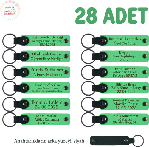 Lise Mezunlarına Hatıra Olarak 28'Li Set Kişiselleştirilebilir Yazılı Deri Anahtarlık, F Yeşil & Syh