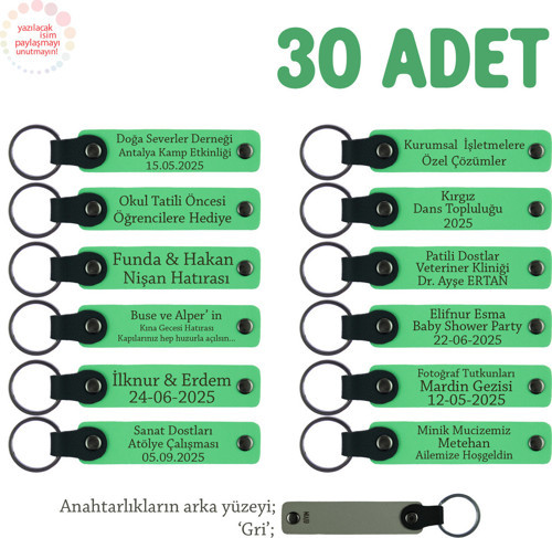 Öğretmenler Günü Kutlamasında Dağıtılacak, 30'Lu Set, İsim Yazılı Hatıra Anahtarlık, F Yeşil & Gri
