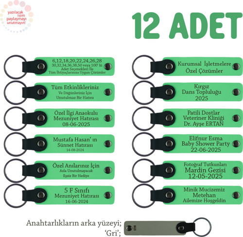 Yıl Sonunda Öğretmene Veda Hediyesi 12'Li Set Öğrenci İsimleri Yazılı Anahtarlık, Fıstık Yeşil & Gri