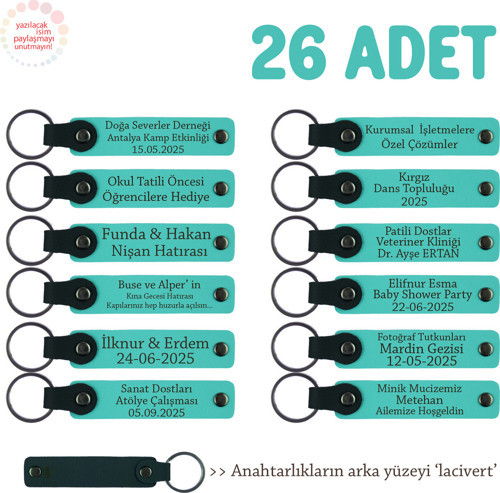 Kadınlar Günü Etkinliğine Katılanlara Özel 26'Lı Set Kişisel Mesajlı Deri Anahtarlık, Turkuaz & Laci