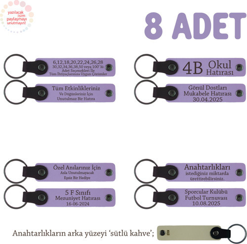 Sınıf Etkinliklerinde Özel Hediyelik 8'Li Set Anahtarlık, Öğrenci İsmi Yazılı, Mor Menekşe & S Kahve