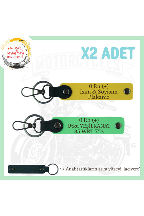 Bikerlar İçin Özel İsim Plaka, 0 Rh (+) Kan Grubu Yazılı Hediyelik X2 Anahtarlık, Sarı-F Yeşil-Laci